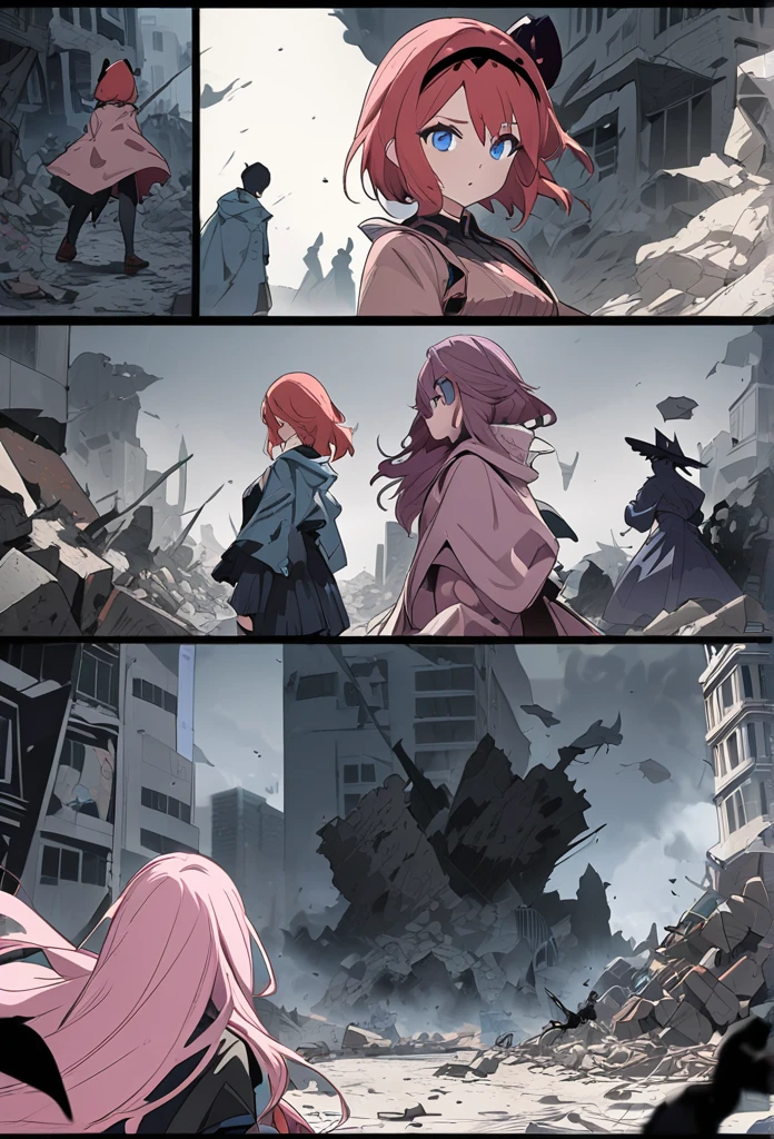 ((highest quality)), ((masterpiece)), ((detailed)), two women, one with pink hair and blue eyes (witch) and one with red hair and blue eyes (normal), in a scene standing back-to-back, surrounded by creatures of shadow, smoke, and darkness, comic e-book storyboard, in a city destroyed and filled with rubble, dynamic, epic, large-scale, anime style