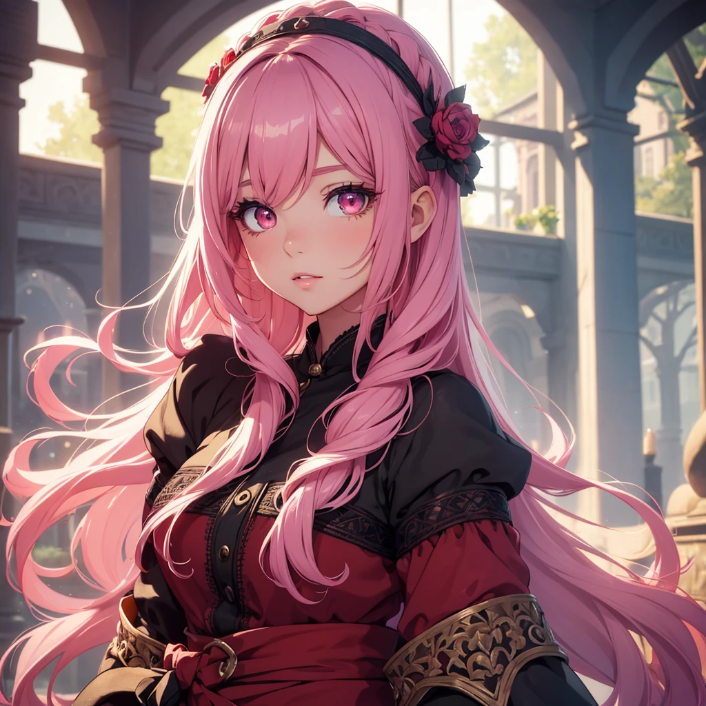1girl, beautiful detailed eyes, beautiful detailed lips, extremely detailed eyes and face, long eyelashes, pink hair, red eyes, villager girl outfit, colors clotes black and red, cute, adorable, kawaii, fantasy, magical, whimsical, soft colors, pastel colors, warm lighting, natural lighting, cinematic, high quality, 8k, detailed, photorealistic, masterpiece