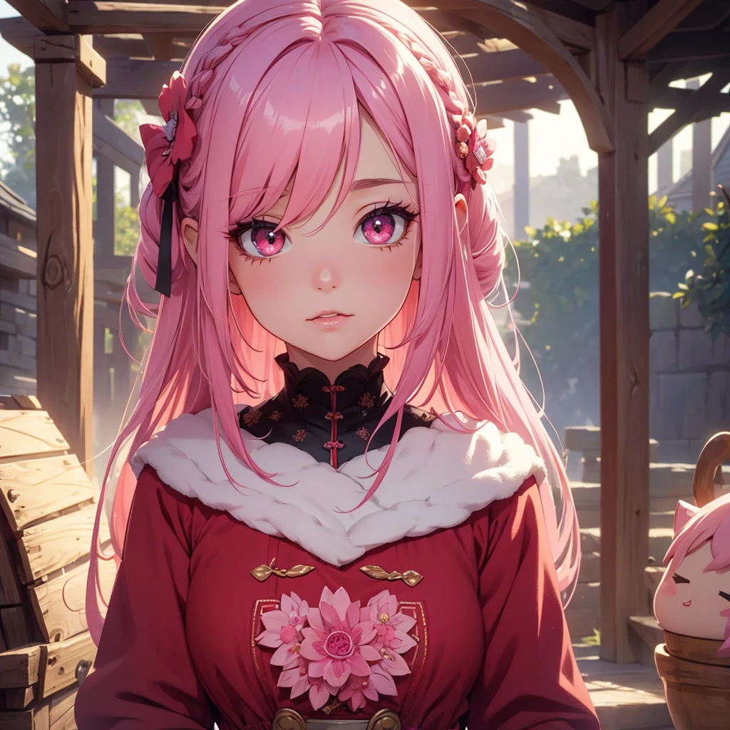 1girl, beautiful detailed eyes, beautiful detailed lips, extremely detailed eyes and face, long eyelashes, pink hair, red eyes, villager girl outfit, colors clotes black and red,  cute, adorable, kawaii, fantasy, magical, whimsical, soft colors, pastel colors, warm lighting, natural lighting, cinematic, high quality, 8k, detailed, photorealistic, masterpiece
