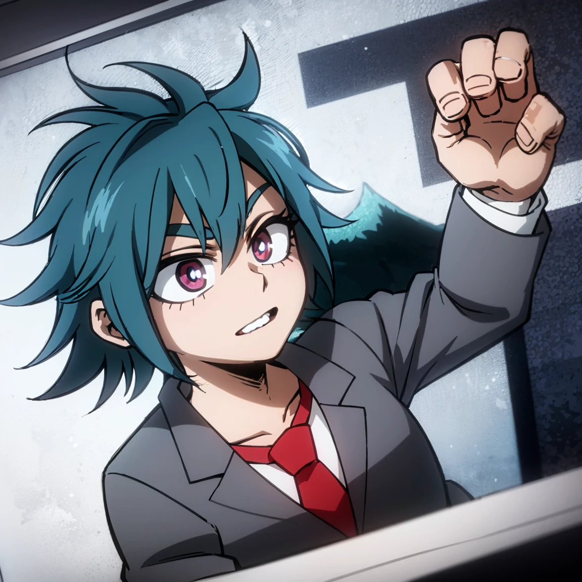 1boy, male focus, solo, muscular body, short hair, messy hair, blue hair, dark blue streaks, pink eyes, gray jacket, red tie, white shirt, teal pants, mlpsonata, MHA Style, Manhwa style, anime style, perfect eyes, perfect face, model face, boy