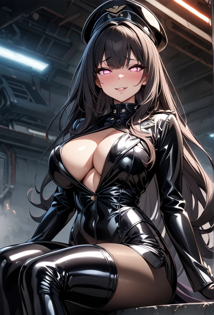 masterpiece, best quality, 1lady,black hair,long hair,glowing eyes, (finely detailed empty pupils and detailed face),,,,extremely detailed picture unity 8k wallpaper,solo,(latex military costume:0.9),large breasts,seductive smile,military hat,latex thighhigh,large breasts,black hair,pink eyes,black leotard,pantyhose,no sleeve,enamel suits,grossy lips,sitting,bust shot,sadistic smile,,heel,