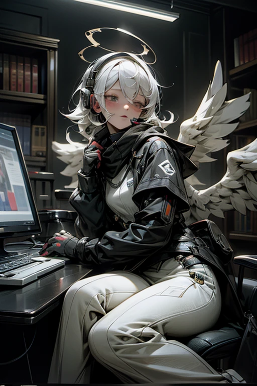 anime style, super fine illustration, highly detailed, dynamic angle, beautiful detailed, 8K, At night, in a dark room, Blake. A woman sits in front of her computer, unable to sleep. BREAK She is wearing a headset with a microphone and holding a video game controller, BREAK She is playing a game.God,Angel Wings,goggles,God game,white hair,Angel Halo