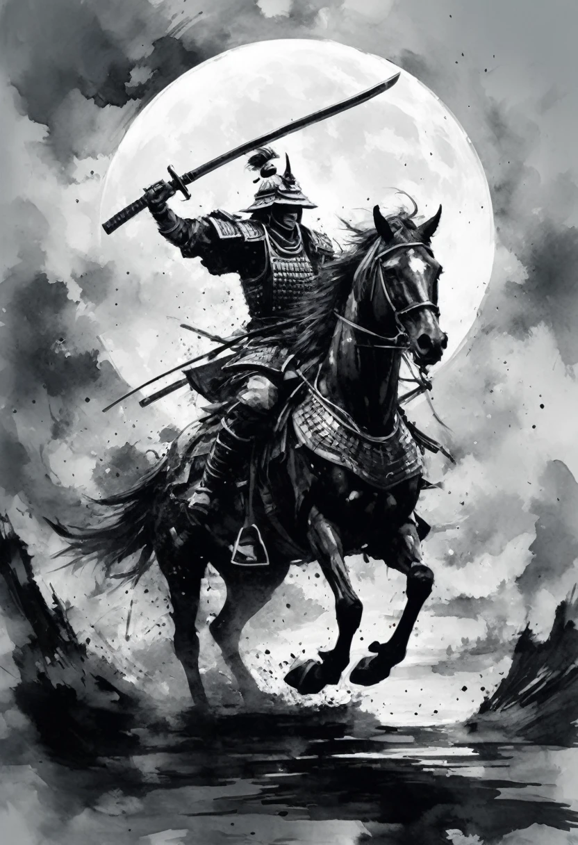 Black and white painting,Ink Painting,Draw a crescent moon with brush splashes,Warrior,(samurai armor),Holding a gun,Armored horse,horse riding,torii,