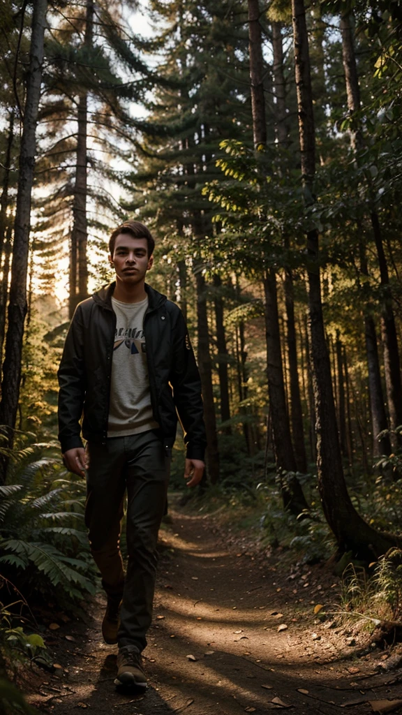 A photo of a 24-year-old man traveling alone in a forest trail at sunset, taken with a Sony A7R IV with a 35mm f/1.4 lens, golden hour lighting, nature photography