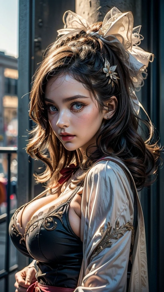 One girl, masterpiece, (Highest quality), 8K, Detailed skin texture, Detailed cloth texture, ((Beautifully detailed face:1.4)), Intricate details, Super detailed, Alice in Wonderland, (A ribbon on her head:1.1), ((Upper Body)),((Natural big breasts:1.2)),((Very beautiful big eyes))