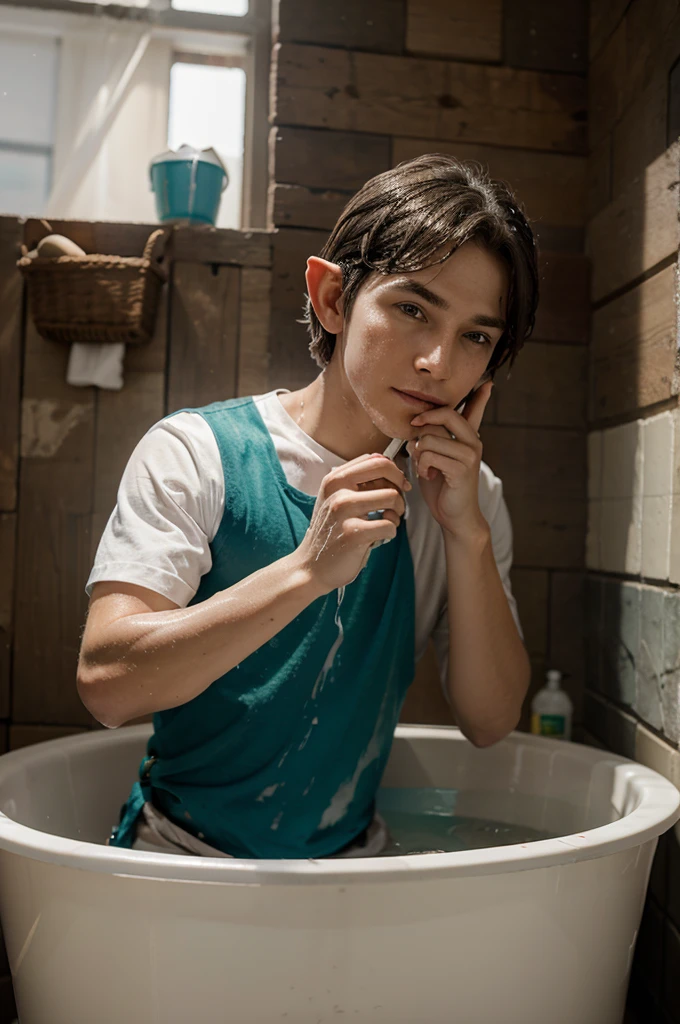 a male elf was washing his face in the washing place,fantasy