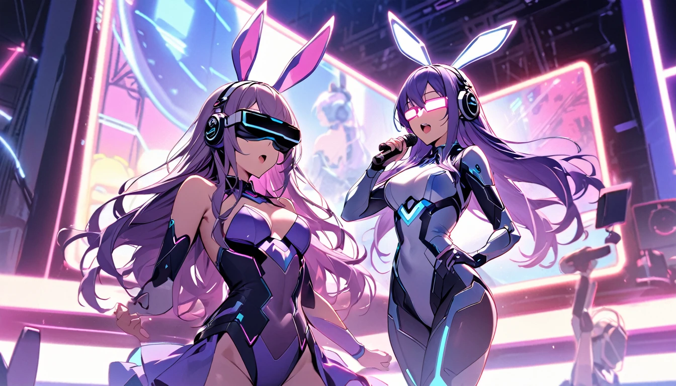Beautiful girl, single, long hair, purple hair, glowing wires Wearing a half-cap, headphones, bunny ears, a neon-toned sci-fi robot leotard, in the background there is a robot with neon lights. The background image is a large robot, clearly visible. ,on stage, singing, wearing VR glasses