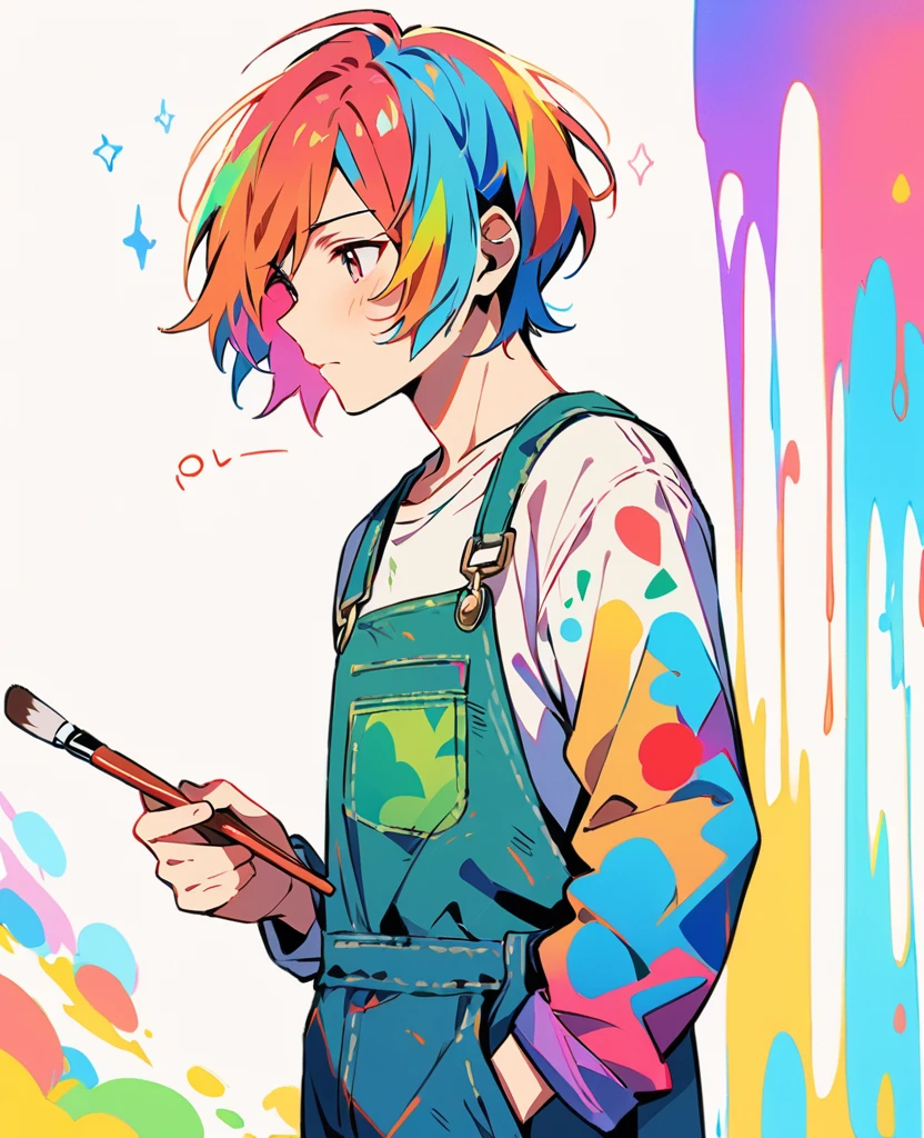 (work of art, better quality:1.2), 1 man, alone, Wear dirty overalls., With brush and palette in hand. short hair, Colorful and dreamy hair. young man, 