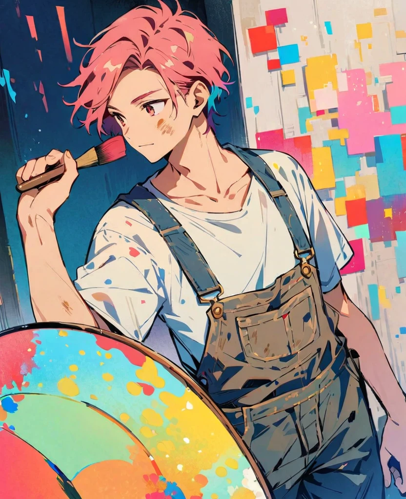 (work of art, better quality:1.2), 1 man, alone, Wear dirty overalls., With brush and palette in hand. short hair, Colorful and dreamy hair. young man,