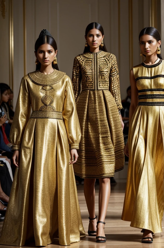 A fashion collection inspired by the Peruvian Wanka culture that is very creative and super elegant, mostly dresses and that has golden details that has handmade details and a lot of elaboration and detail. It can be in fabric and flat, mixing fashion and modern technology.