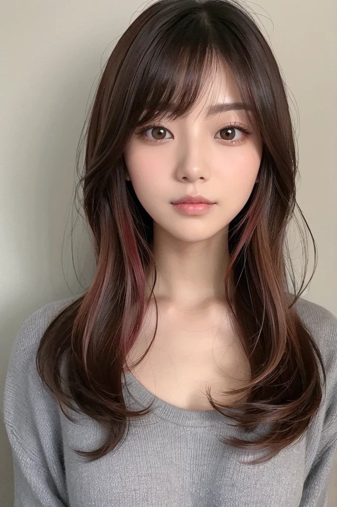 Beauty semi-long Japanese Face up hair color is dark brown