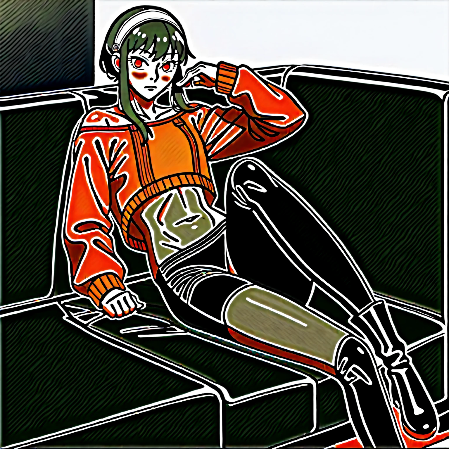 looking at viewer, solo, YorForger,1girl,((belly full)),black hair,red eyes,short hair with long locks, white hairband, off shoulder,red sweater, black pantyhose, boots, ((slumped)), ((on a sofa)), ((touches her stomach with her hands)),
