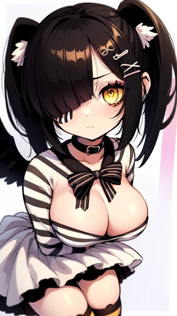 
collar, cleavage,  bedroom,  motion lines, day, (medium breasts:1.5), white hair, short hair, (hair over one eye:1.5), (straight hair:1.5, (black hairclip) yellow eyes, (1girl:1.5), solo, (blank expression:1.5), lit environment, white dress, angel wings, (striped thighighs:1.5), up close, close up, 
BREAK
score_9, score_8_up, score_7_up, score_6_up, source_cartoon, 
Expressiveh, perfect hands, absurdres ,