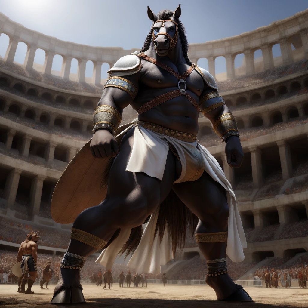 Furry, Kemono, Antropomorphic, Equine, solo, (Color White), Furry Antropometric legs, Hooves, Antro body, Bigg Ass, Male Bulge, Bigg Balls, Full body, Braided Mane, Roman gladiator armor, Gladiator, Black leather harness, Spiked Anklet, White fitted fundoshi, Roman arena with public in the stands, Blue Pupil Eyes, High Resolution, 4K Detailed, Good Lighting, Beautiful, Photorealistic, Realistic, White Fundoshi, tight loincloth, tale, tale horse, corsecock, Genital, cock