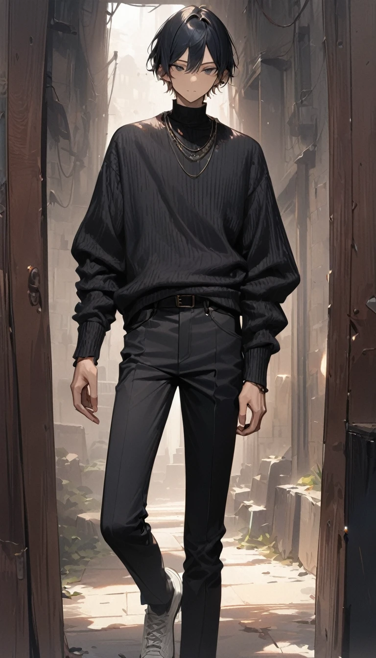 ((Best quality)), ((masterpiece)), (detailed), guy、High quality、masterpiece、Center Part、Single、Wear a stylish knit、Wear skinny pants