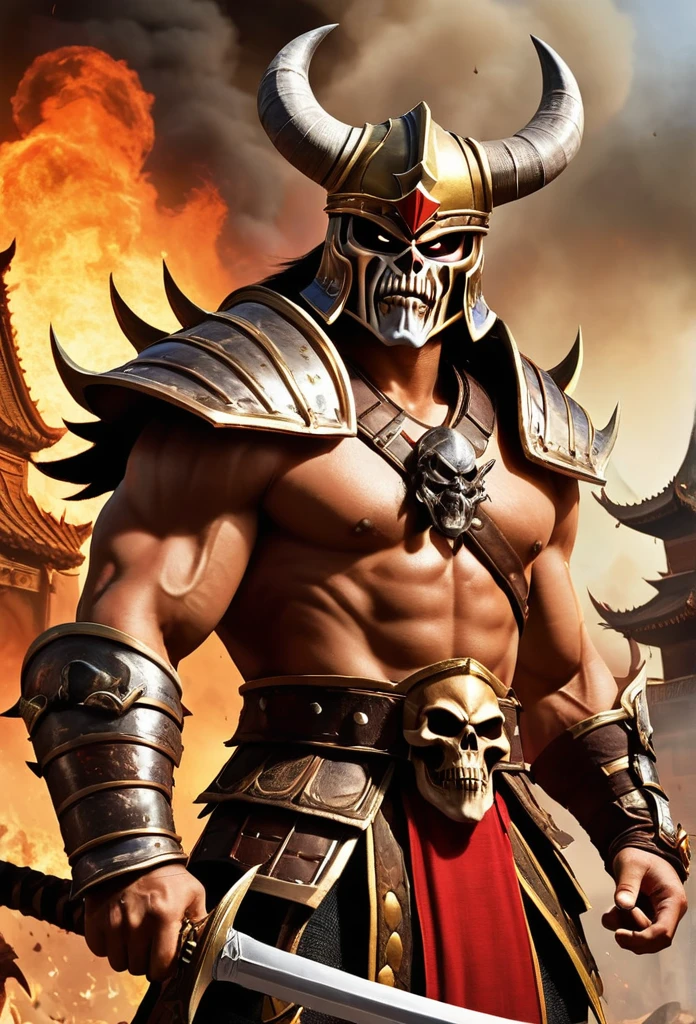 /imagine prompt: Shao Kahn from the game Mortal Kombat, an imposing warrior dressed in robust armor and a helmet with a skull, invading a palace with soldiers. Chaos and destruction are all around, with buildings on fire and people fleeing.::3 --aspect 1:1 --version 6 --quality .5 