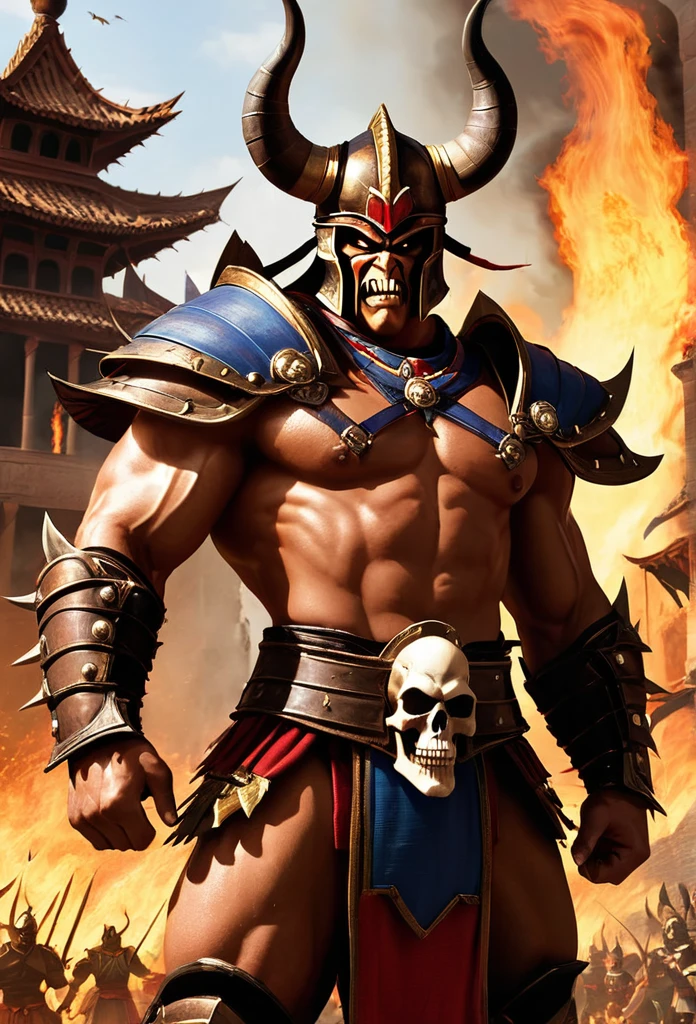 /imagine prompt: Shao Kahn from the game Mortal Kombat, an imposing warrior dressed in robust armor and a helmet with a skull, invading a palace with soldiers. Chaos and destruction are all around, with buildings on fire and people fleeing.::3 --aspect 1:1 --version 6 --quality .5 
