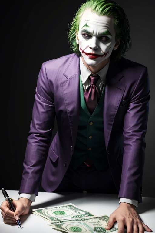 Create for me an image of the joker character with money highlighted in the photo