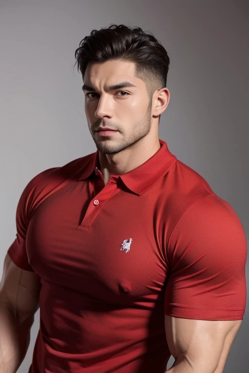 A muscular man wearing a polo shirt has very big chest muscles