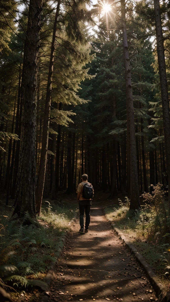 A photo of a 24-year-old man traveling alone in a forest trail at sunset, taken with a Sony A7R IV with a 35mm f/1.4 lens, golden hour lighting, nature photography