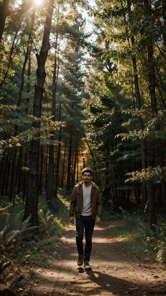 A photo of a 24-year-old man traveling alone in a forest trail at sunset, taken with a Sony A7R IV with a 35mm f/1.4 lens, golden hour lighting, nature photography