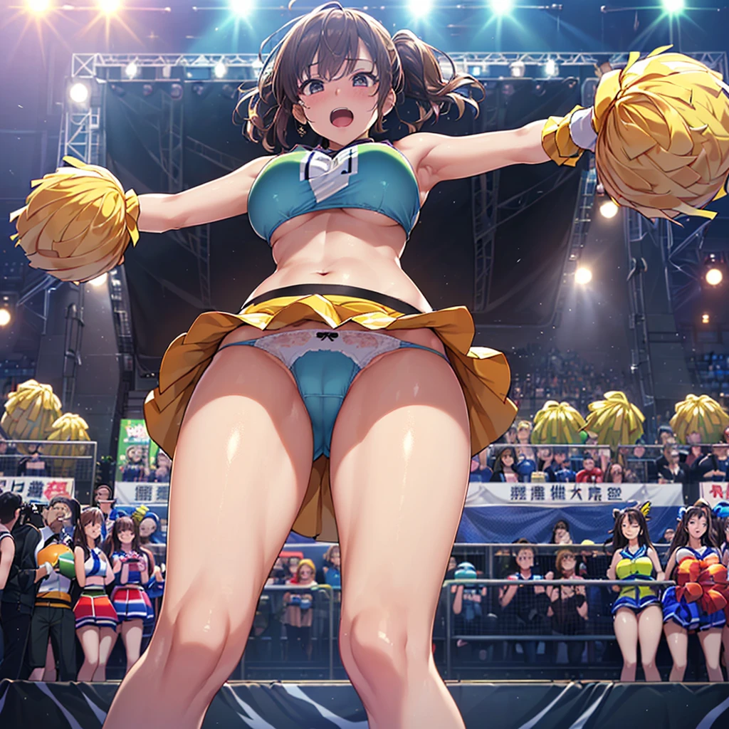 ((masutepiece、Highest quality、High resolution、nffsw、Perfect Pixel、4K、nffsw、nffsw)))、1 person、single、((solo:1.5))、Beauty、Full body view、Cheerleader、((Smooth texture:0.75、Realistic texture:0.65、Realistic:1.1、Anime CG Style))、(1 personのCheerleaderが屋外ステージに膝を着いて足を大きく広げている:2.0)、((Symmetrical eyes:2.0、Brown eyes、Slanted Eyes、Long eyelashes、Beautiful eyelashes、Realistic eyes、make))、 ((Detailed face、blush:2.0、I hate it:1.5、Are crying:1.0、Screaming:1.0))、 (Big breasts and sexy figure:1.2)、 Brown Hair、Shoulder-length hair、((Cheerleader衣装、Wearing a bikini top.0、Wearing a normal length skirt.0))、((View from below the stage:1.5))、((There are a lot of photographers around taking pictures.:1.5))、Focus on panties:1.5、Her skirt is rolled up and her panties are exposed:1.0、(Panties are completely exposed:1.5)、(Wearing wide panties:1.3)、(Wearing cute panties:1.3)、Wearing sneakers、((Large crowd:1.5))、Sunny daytime