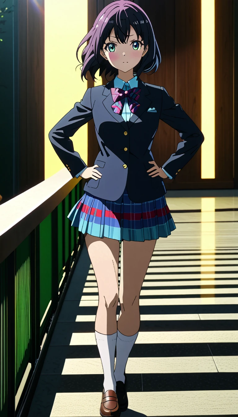 (best quality, masterpiece:1.2), 1girl, solo, anime, anime screencap, ray tracing, global illumination, ultra resolution image, vivid color, cinematic light, lens flare, light on face, glow eyes, otonokizaka winter uniform, red striped bow tie, navy blue blazer, blue striped skirt,socks,loafers,standing,put hands on hip,from front,closed mouth :d, (1girl), (solo),BREAK score_9, score_8_up, score_7_up, score_6_up, source_anime 