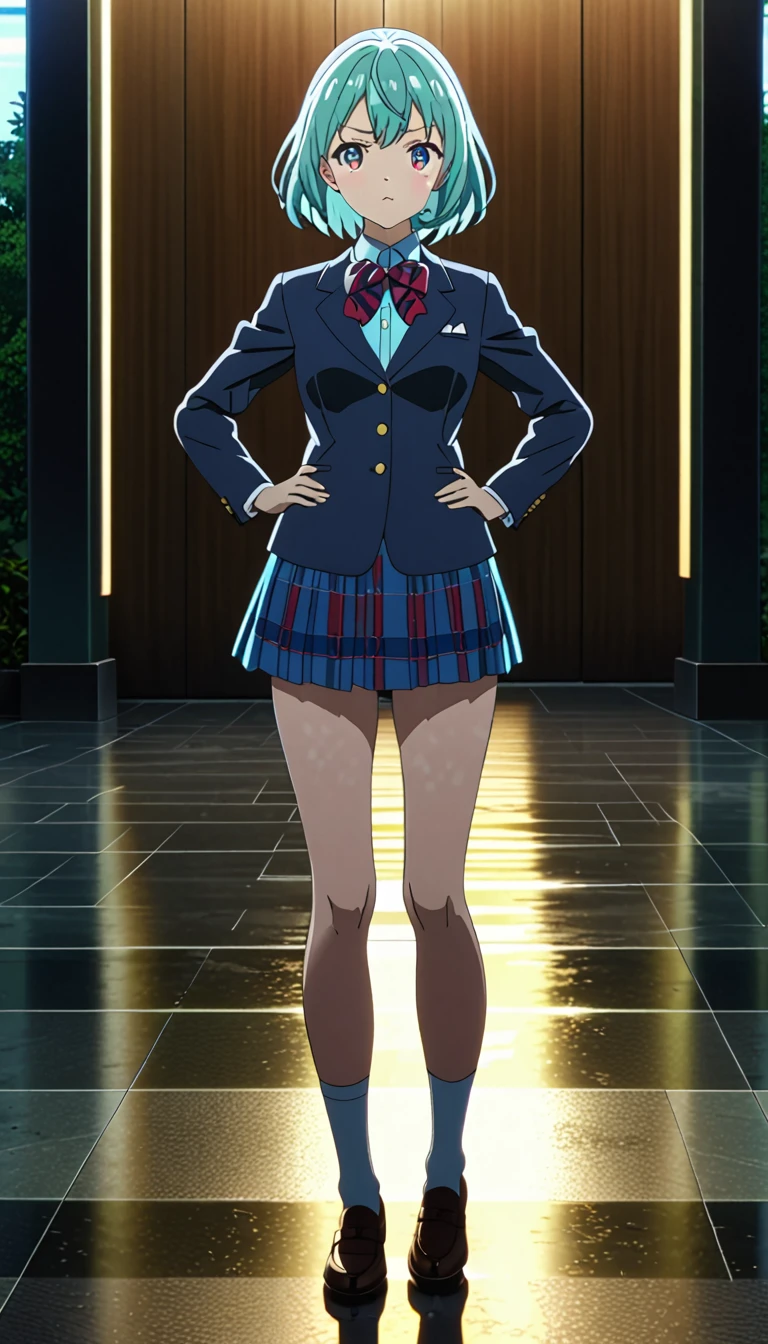 (best quality, masterpiece:1.2), 1girl, solo, anime, anime screencap, ray tracing, global illumination, ultra resolution image, vivid color, cinematic light, lens flare, light on face, glow eyes, otonokizaka winter uniform, red striped bow tie, navy blue blazer, blue striped skirt,socks,loafers,standing,put hands on hip,from front,closed mouth :d, (1girl), (solo),BREAK score_9, score_8_up, score_7_up, score_6_up, source_anime