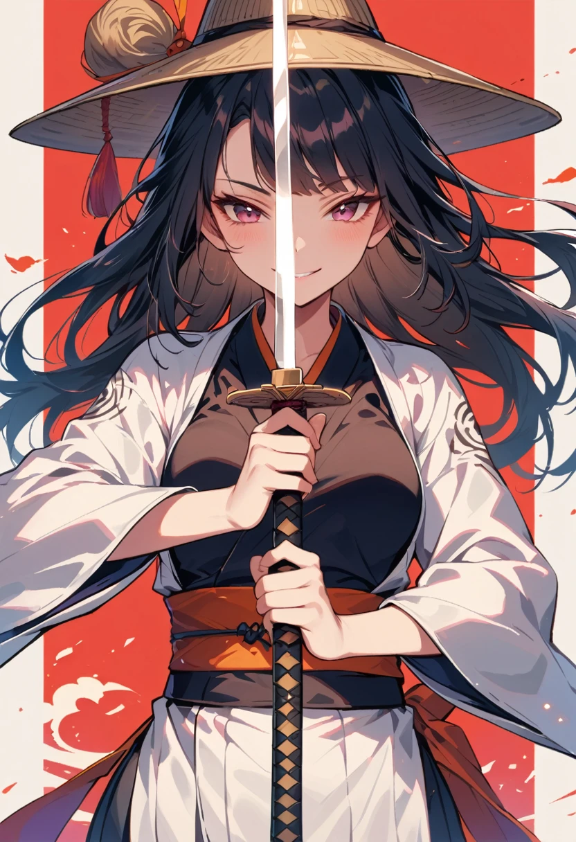 female ronin, wearing a traditional Chinese bamboo hat, Smiles, winks at the viewer, Sword in both hands, you see the whole body, runs to the spectator