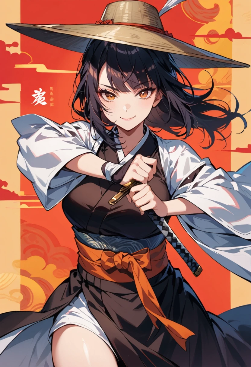 female ronin, wearing a traditional Chinese bamboo hat, Smiles, winks at the viewer, Sword in both hands, you see the whole body, runs to the spectator