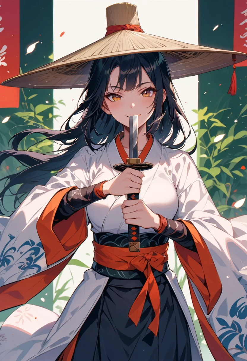female ronin, wearing a traditional Chinese bamboo hat, Smiles, winks at the viewer, Sword in both hands, you see the whole body, runs to the spectator