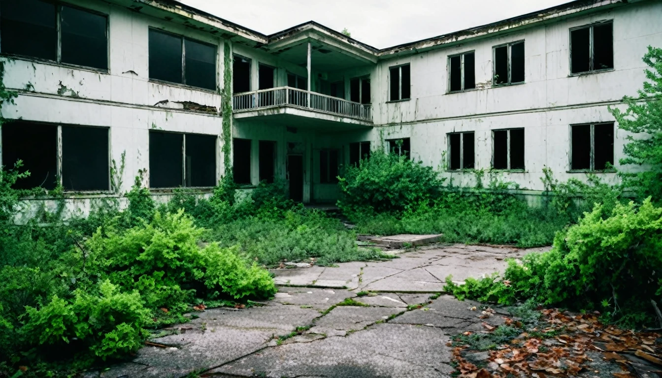 first person view, front of an old hospital, abandoned, rotting, bushes around, sinister, macabre environment