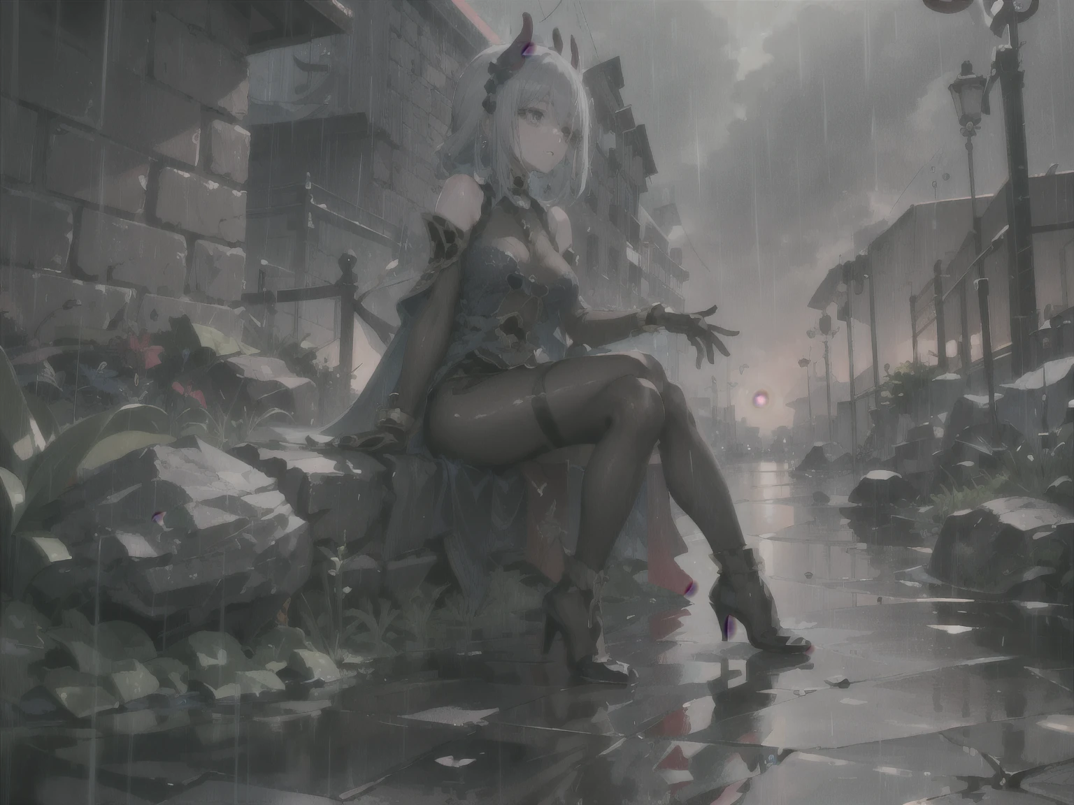 ((masterpiece,Best quality)), A high resolution, 1 girl, only, horns, elbow gloves, Toeless shoes, sitting next to a rock, rain, fog,