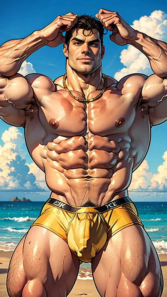 Henry Cavill, bare-chested, massive bulge in the beach underwear, hairy legs wide open, thick thighs, muscular giant, 3 meters tall bodybuilder, flexing, massive biceps, oversized biceps are 240 inches, with long oversized arms, bulging muscles, prominent veins, broad shoulders, beefy build, hefty, muscle swelling, very hot male, beefy pecs, hairy chest, six-pack ABS, hairy abdomen, hairy groin, manly, handsome male, wide jawline, full of muscles veins, stare straight, much testosterone, tough guy, small gold necklace, shy smile.