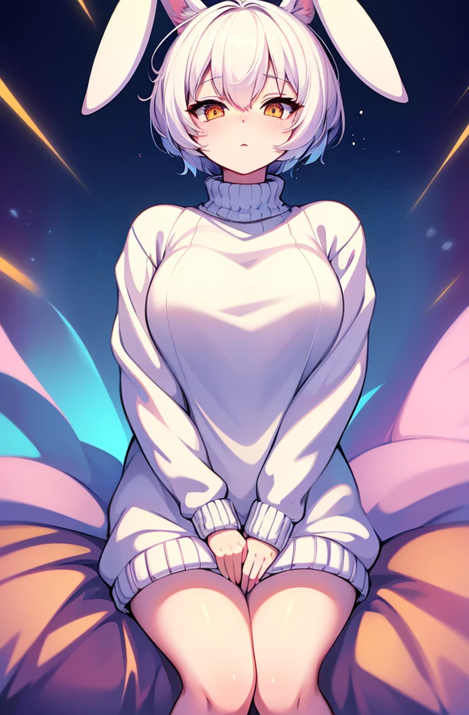 female, short, short white hair, white eyes. dynamic art, oversized sweater, furry bunny, 4k, bed background