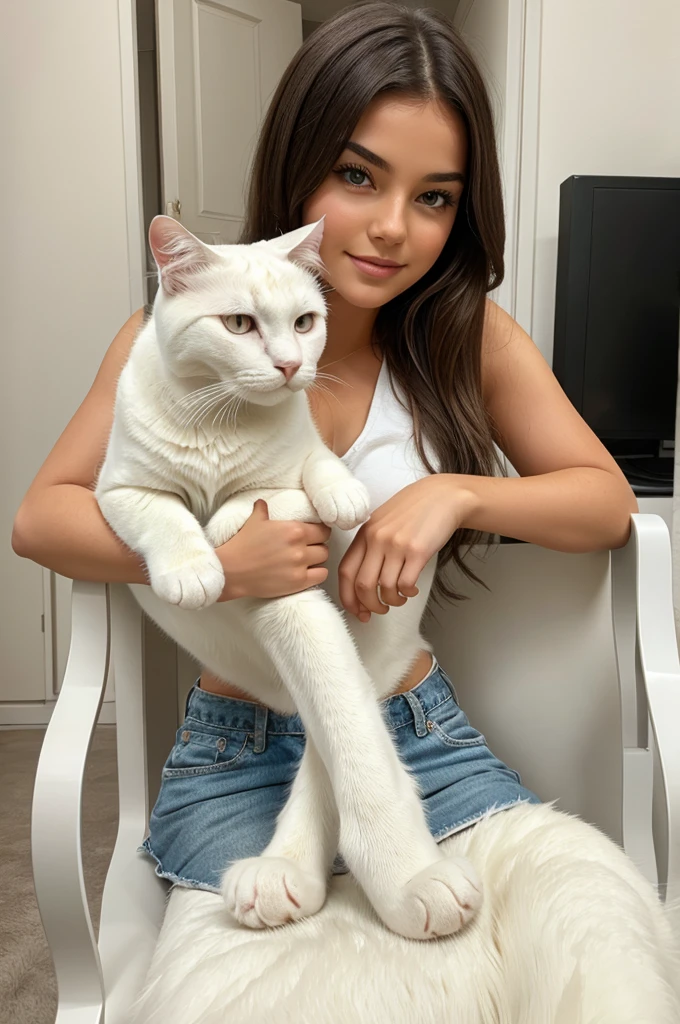 Beautiful girl sitting on the chair and holding a white cat 