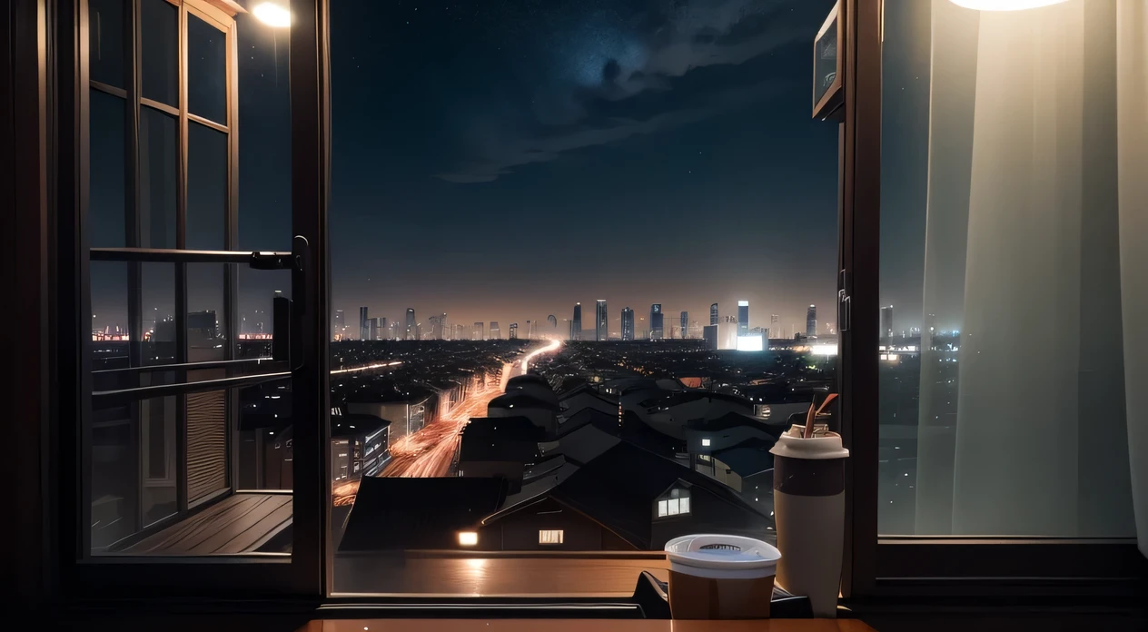 Highest quality,8K,Ultra Clear,The sky from dusk to night、Lo-fi Hip Hop、Cafe with small lights、A few guests、The view outside the window is a residential area、silence、It's raining a little、