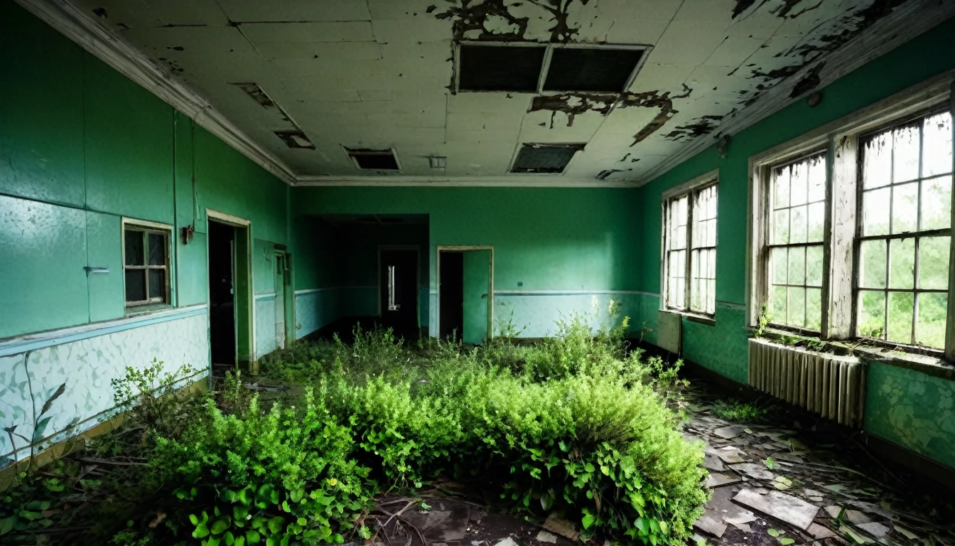 first person view, front of an old hospital, abandoned, rotting, bushes around, sinister, macabre environment