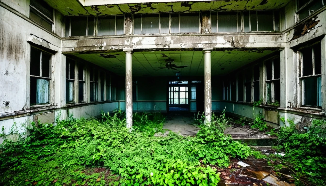 first person view, front of an old hospital, abandoned, rotting, bushes around, sinister, macabre environment