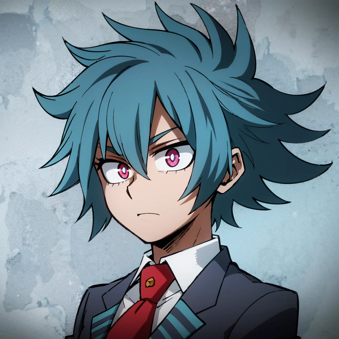 1boy, male focus, solo, muscular body, short hair, messy hair, blue hair, dark blue streaks, pink eyes, gray jacket, red tie, white shirt, teal pants, mlpsonata, MHA Style, Manhwa style, anime style, perfect eyes, perfect face, model face, boy