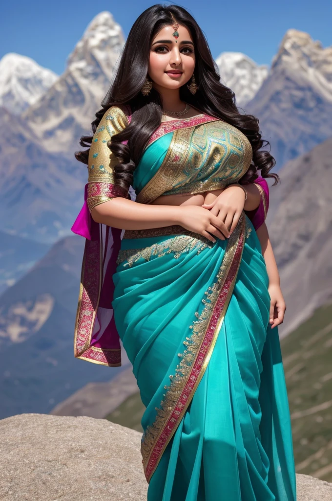 1 Heavenly beautiful and goddess beauty cute and sweet looking face Arabian woman in Ama Dablam Mountain, Heavenly beautiful Overweight, Heavenly beautiful Extremely fat, Heavenly beautiful and attractive Chubby figure , Heavenly beautiful looking and eye catching luxury style tight fitting elegant saree, reaching out, Heavenly beautiful Arabian woman, 16k, High resolution, masterpiece, highest quality, fine skin, Realistic Photograph