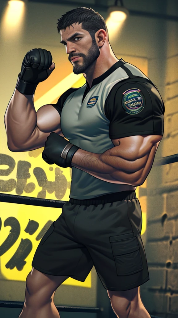 1 person, alone, 40 years old, chris redfield, 一个Handsome man, boobgasm show, (Inspired by the street fighting universe) (best quality,lifelike),(dark,feels) Hole-punch camera!(Tyndall light effect!)(Cinema lighting),3d! one person,detailed black eyes, smaller head!A tall French and German man poses in the boxing ring!Perfect red boxing gloves!punching for camera!, Wearing boxing match shorts。dark skin., ((Very much!)), ((Eyes full of ferocious expression!))Handsome male, Handsome chad chin, Handsome and attractive, Handsome and elegant, Handsome man, sexy masculine, masculine and Handsome, , Handsome, attractive pose, attractive male, attractive man,40-year-old man!Lift your little head,Cominan in boxing shorts and red boxing gloves(full body portrait!))Showing off his hairy breasts。(Show hairy breasts),),(short beard),Wear boxer shorts!Show hairy breasts),),(Using short beard,)headspace!Charming and serious look,(Handsome man,perfect body anatomy,Beautiful man face detail,perfect feet,perfect hands!frontal shot!!hairy breasts, giggle, Shoulders white,bsaa logo on shoulder, military tactical uniform, tall and strong, wearing black socks, sock fetish, do not wearing any shoes, biceps, abdominal muscles, boobgasm, best quality, masterpiece, high resolution:1.2, upper body shot, Dark black gloomy corridor in the background, Detailed face, shadow, Volumetric lighting, central focus, low camera angle