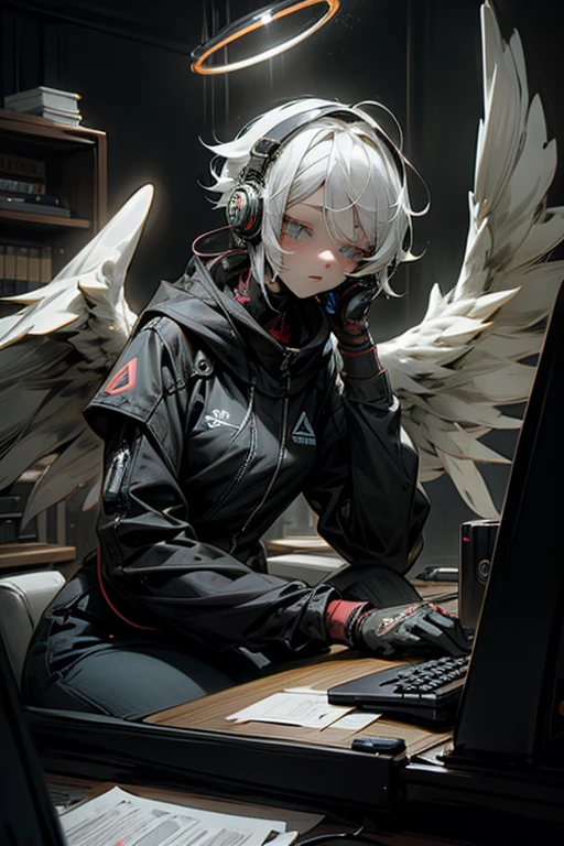anime style, super fine illustration, highly detailed, dynamic angle, beautiful detailed, 8K, At night, in a dark room, Blake. A woman sits in front of her computer, unable to sleep. BREAK She is wearing a headset with a microphone and holding a video game controller, BREAK She is playing a game.God,Angel Wings,goggles,God game,white hair,Angel Halo,perfect face,perfect hands,short hair,8k quality

