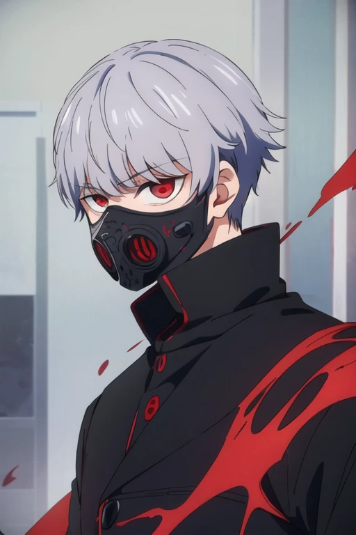 masterpiece, best quality, wallpaper, 1boy, solo, male focus, looking at viewer, "White hair, gas mask, red eyes, glowing eyes, dark aura, Tokyo Ghoul, Kaneki Ken, black outfit, intense expression, anime style, detailed background, dark and gritty atmosphere, half-ghoul transformation, kagune, blood splatter, urban setting"