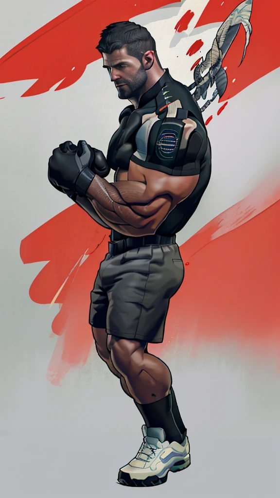 1 person, alone, 40 years old, chris redfield, 一个Handsome man, boobgasm show, (Inspired by the street fighting universe) (best quality,lifelike),(dark,feels) Hole-punch camera!(Tyndall light effect!)(Cinema lighting),3d! one person,detailed black eyes, smaller head!A tall French and German man poses in the boxing ring!Perfect red boxing gloves!punching for camera!, Wearing boxing match shorts。dark skin., ((Very much!)), ((Eyes full of ferocious expression!))Handsome male, Handsome chad chin, Handsome and attractive, Handsome and elegant, Handsome man, sexy masculine, masculine and Handsome, , Handsome, attractive pose, attractive male, attractive man,40-year-old man!Lift your little head,Cominan in boxing shorts and red boxing gloves(full body portrait!))Showing off his hairy breasts。(Show hairy breasts),),(short beard),Wear boxer shorts!Show hairy breasts),),(Using short beard,)headspace!Charming and serious look,(Handsome man,perfect body anatomy,Beautiful man face detail,perfect feet,perfect hands!frontal shot!!hairy breasts, giggle, Shoulders white,bsaa logo on shoulder, military tactical uniform, tall and strong, wearing black socks, sock fetish, do not wearing any shoes, biceps, abdominal muscles, boobgasm, best quality, masterpiece, high resolution:1.2, upper body shot, Dark black gloomy corridor in the background, Detailed face, shadow, Volumetric lighting, central focus, low camera angle