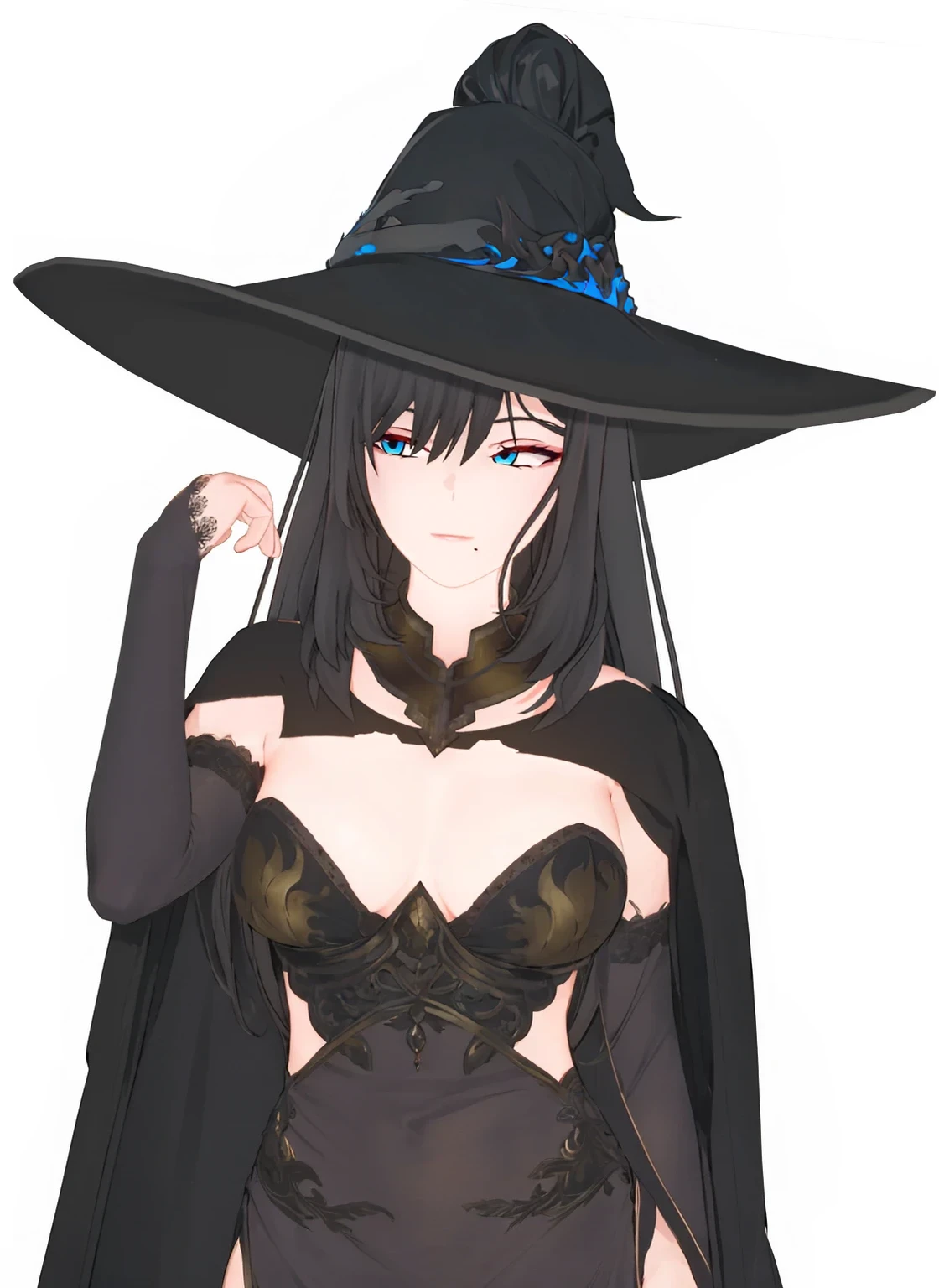 masterpiece, highly detailed, best quality, 1woman, adult, female focus, solo, dark black hair, vibrant blue eyes, long hair, closed mouth, Fantasy aesthetics, fantasy earring, Highly detailed, shadowverse style, sorceress