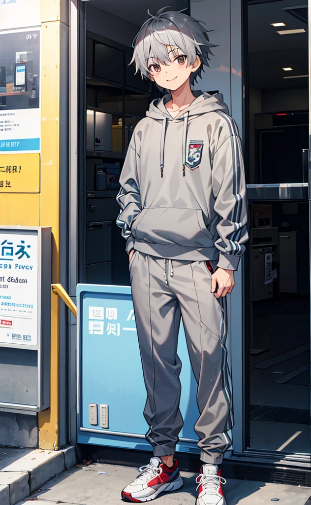 juvenile,Gray hair,Standing,Greet the screen with a smile,whole body。Grey Hoodie,Brown trousers,sports shoes。