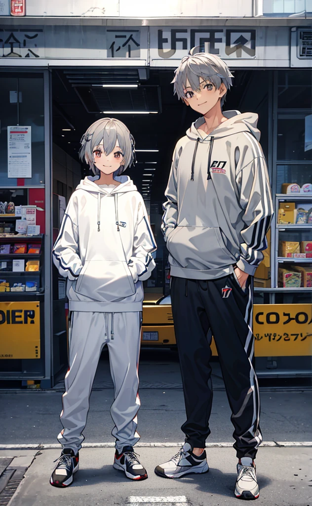 juvenile,Gray hair,Standing,Greet the screen with a smile,whole body。Grey Hoodie,Brown trousers,sports shoes。