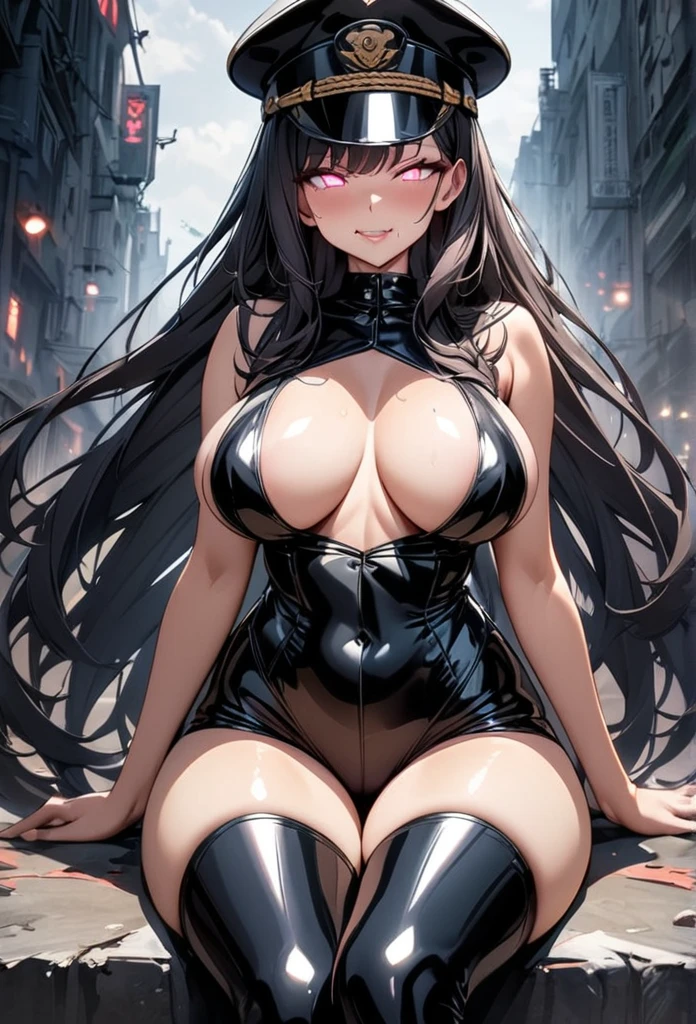 masterpiece, best quality, 1lady,black hair,long hair,glowing eyes, (finely detailed empty pupils and detailed face),,,,extremely detailed picture unity 8k wallpaper,solo,(latex military costume:0.9),large breasts,seductive smile,military hat,latex thighhigh,large breasts,black hair,pink eyes,black leotard,pantyhose,no sleeve,enamel suits,grossy lips,sitting,bust shot,sadistic smile,,heel,
