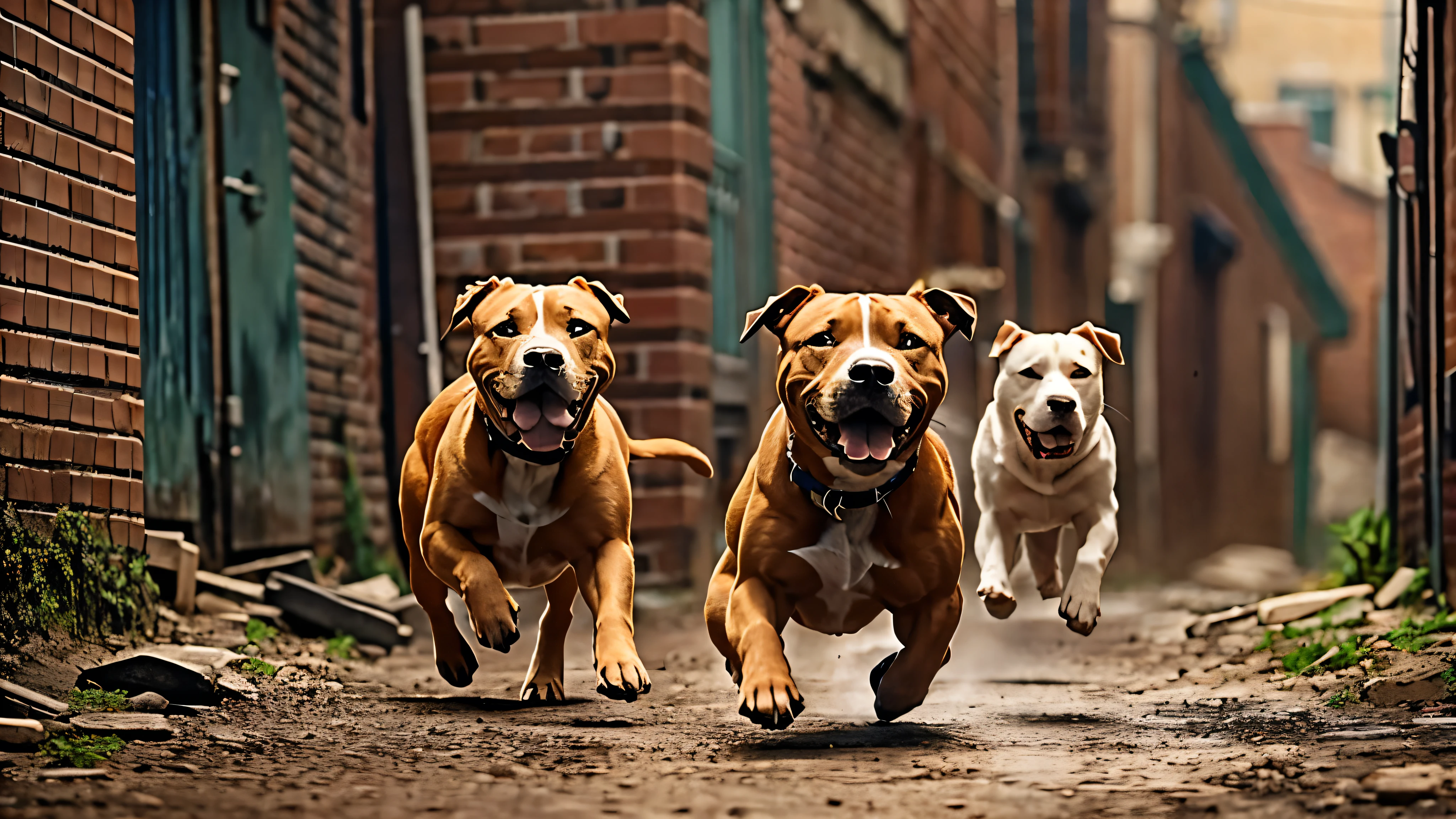 1970s, barking "pitbull terriers" running down a back alley, cinematic action, atmospheric perspective, depth of field, textured skin, super detail,